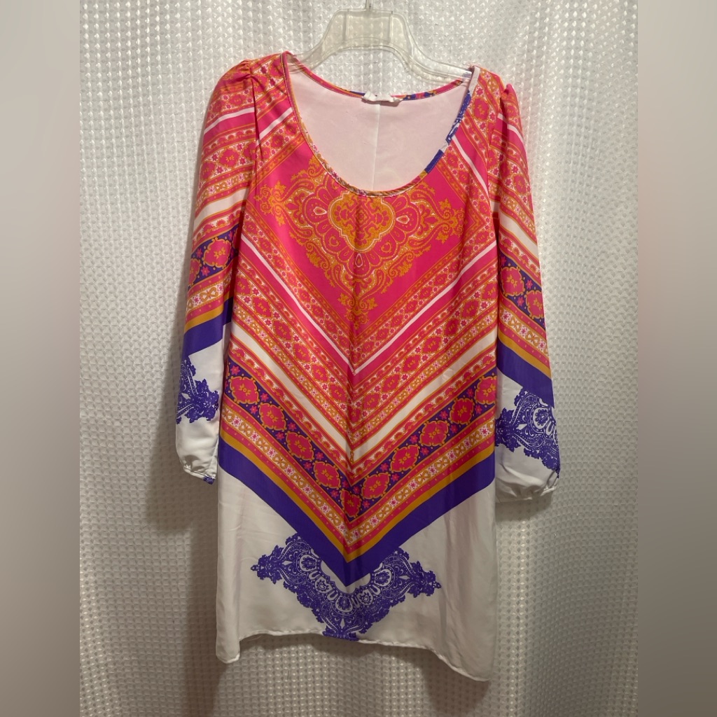 Peach Love California Boho Scarf Print Dress Large Pink Orange Purple